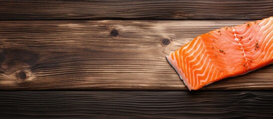 A piece of grilled salmon on a rustic wooden surface