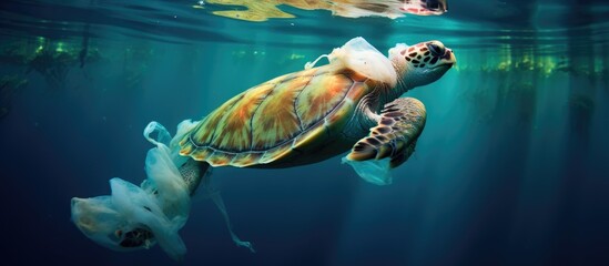 A turtle swims in the ocean amidst a plastic bag