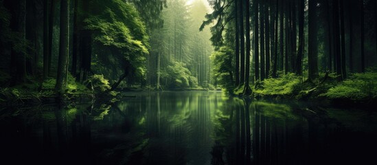 Fototapeta na wymiar A river flowing through a dense woodland