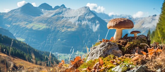 Mushroom on rock in mountain with distant range - Powered by Adobe