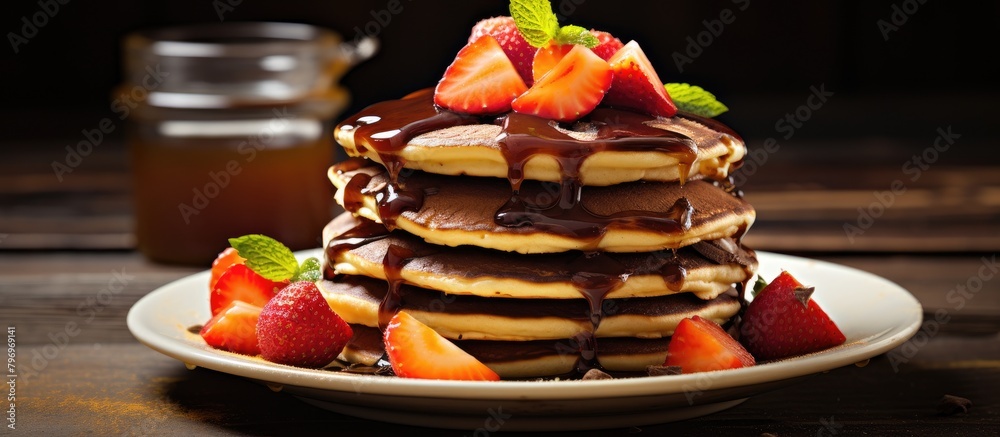 Sticker Close-up of delicious pancakes topped with chocolate and strawberries