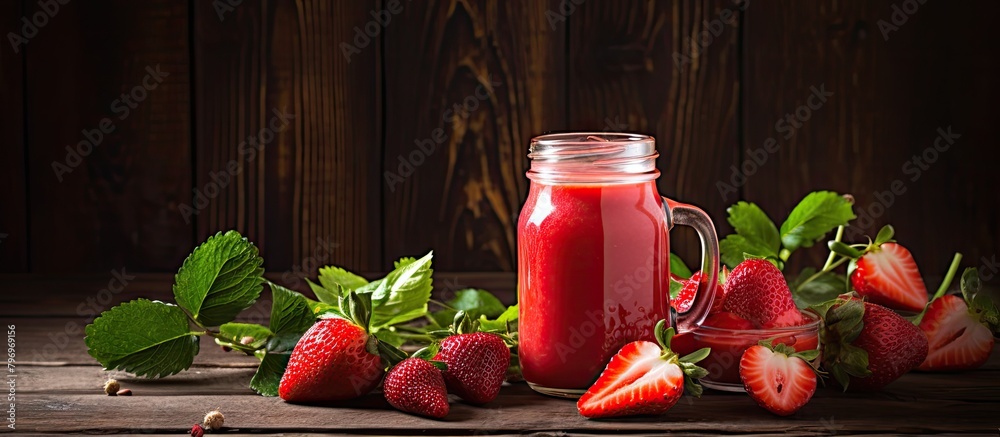 Sticker Strawberry juice and berries on table