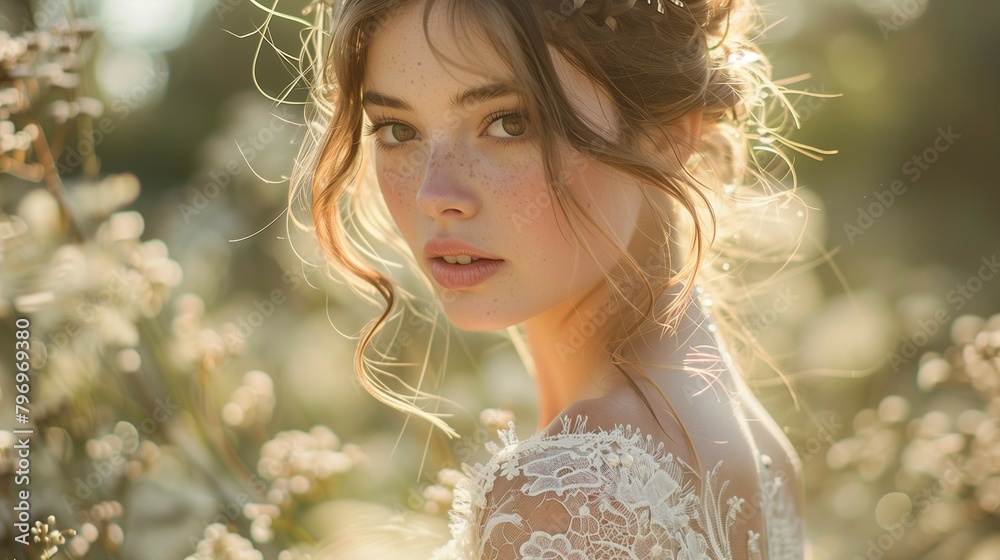 Canvas Prints Enchanting Lace Bridal Gown in Natural Beauty, generative ai