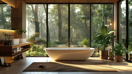 Fototapeta premium Secluded Retreat with Tub and Windows, generative ai