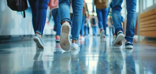 Close-up of legs of students walking in the school corridor.