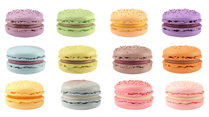 Colorful macarons on transparent background, perfect for dessert menus and confectionery ads.