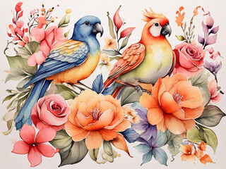 Watercolor hand drawn pattern with summer flowers and exotic birds