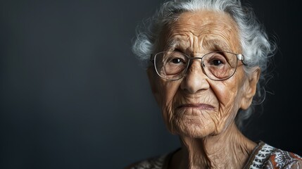 Thoughtful elderly woman wearing glasses looking at the camera with a serious expression.