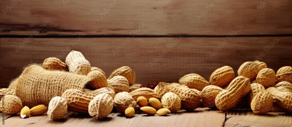 Poster Peanuts on wooden table beside sack