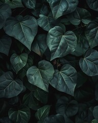 Dark green leaves, with high resolution and high detail, using a natural color scheme against a dark background, in an aesthetic and beautiful style cinematic
