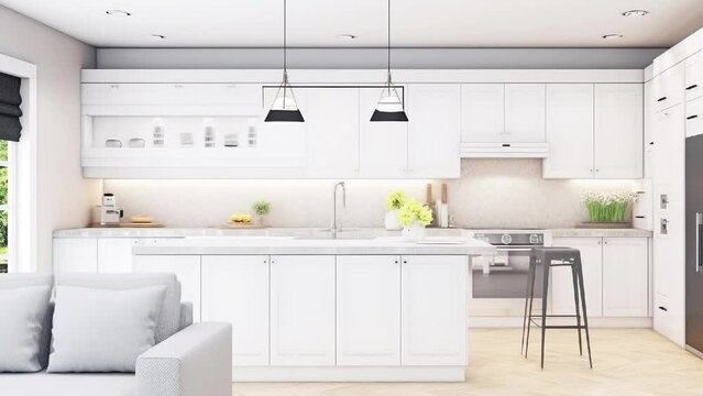 Slow motion modern kitchen interior, white furniture light architecture design. AI generated.