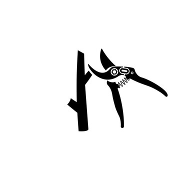 recommend clip art: Pruning tree in garden. Scissors for trimming branches. Vector illustration flat design. A pruner cuts the branches of a plant.