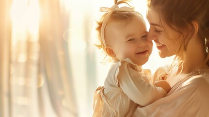 A mother and her baby are sitting in a warm embrace. The mother is smiling and the baby is laughing. They are both wearing white dresses.