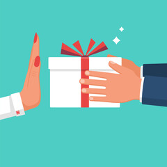 The woman refuses the gift. Rejecting proposal. Man holding in hand gift box with ribbon. Gesture rejects the proposal. Vector illustration flat design. - obrazy, fototapety, plakaty