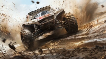 Unleash the power of the desert storm with this awe-inspiring image of a dirt buggy racing through the dunes.