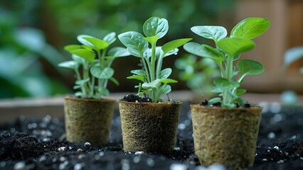 Eco-Friendly Gardening: Planting Seedlings in Biodegradable Peat Moss Pots. Concept Eco-Friendly Tools, Sustainable Gardening Practices, Biodegradable Containers, Planting Techniques - obrazy, fototapety, plakaty