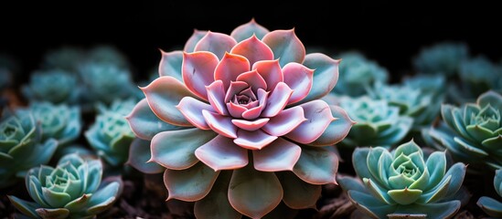 Pink and green plant against black backdrop