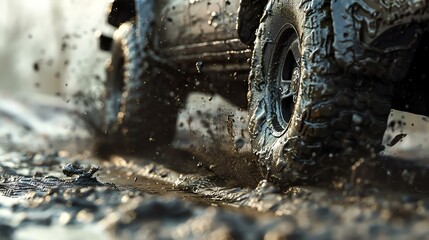 Off-road vehicle wheel covered in mud.