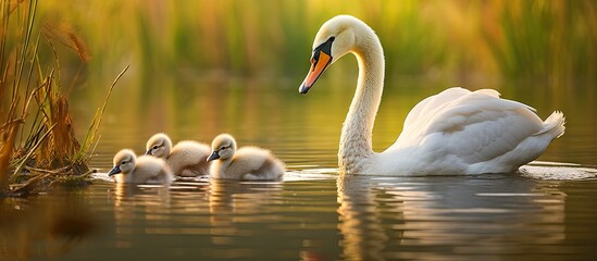 Two swans and ducklings swimming