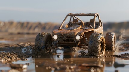 A mud-covered off-road vehicle speeds through a muddy puddle, splashing water and mud in all directions.
