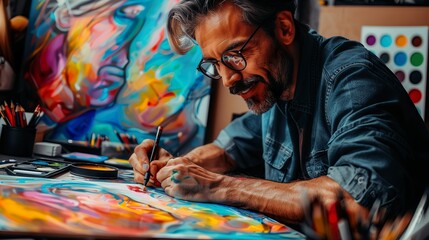 Creative Artist Working on Vibrant Abstract Painting - ai generative