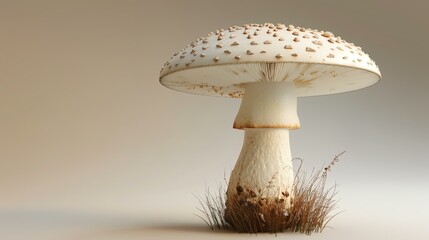 A large, white mushroom with a tall stalk stands in a field of grass. The mushroom has a white cap with brown spots.