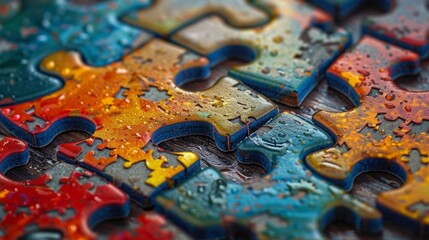 Macro shot of interlocking jigsaw puzzle pieces with vibrant colors and water droplets