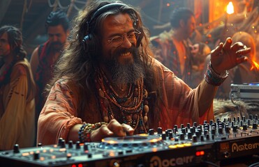 bearded, long-haired DJ in his late thirties, wearing glasses and headphones, spins tunes in a vintage studio