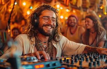bearded, long-haired DJ in his late thirties, wearing glasses and headphones, spins tunes in a vintage studio