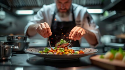 Chef Perfecting a Gourmet Dish in Professional Kitchen - ai generative