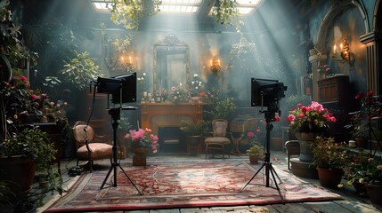 Elegant Indoor Garden with Studio Lighting and Antique Furniture - ai generative