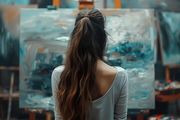 Back View of Female Artist with Long Hair in Art Studio - ai generative