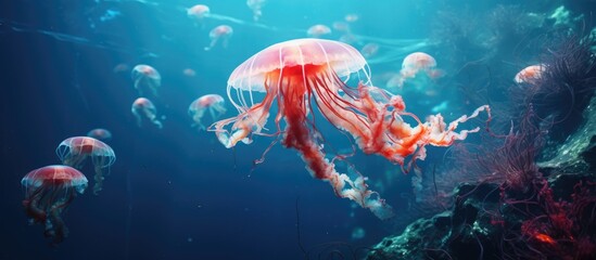 Fototapeta na wymiar Jellyfish swimming in tank with abundant water