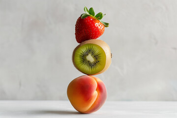 tasty and healthy fresh fruits balancing on each other, peach, kiwi and strawberry full of vitamins and antioxidants