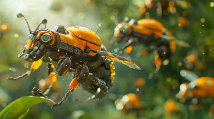 A group of robotic insects are flying through a lush green forest