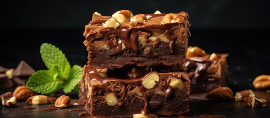 Delicious brownies topped with nuts and chocolate drizzle