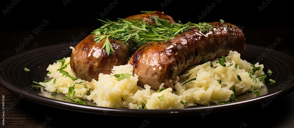 Sticker Two sausages on plate with potato mash