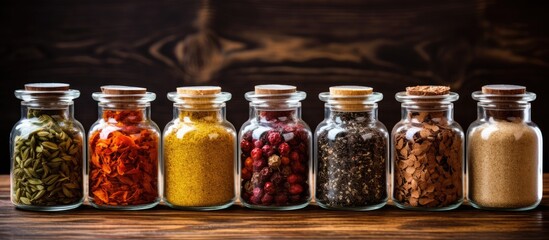 Row of glass jars with various spices - Powered by Adobe