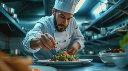 Professional smart chef preparing and garnishing main dish in modern kitchen. Stressed cook in...