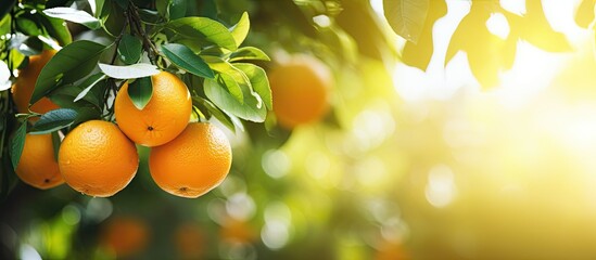 Fresh oranges hanging under bright sunlight