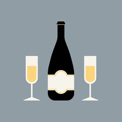 A bottle of champagne with two glasses in flat style. Isolated vector illustration in vintage colours. Card, invitation and banner 