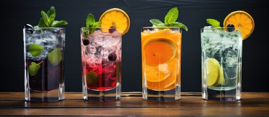 Various cocktails arranged on a table - obrazy, fototapety, plakaty