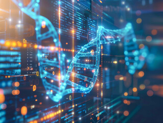 A computer screen shows a DNA strand with a blue background
