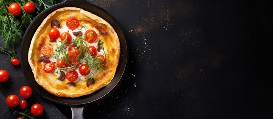 Pizza with tomato, olive, and cheese in a pan