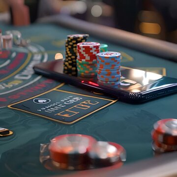 A close-up image of a smartphone on a blackjack table. The phone has a casino app pulled up. There are casino chips on top of the phone.
