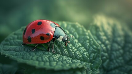 Vibrant Ladybug on Green Leaf, generative ai