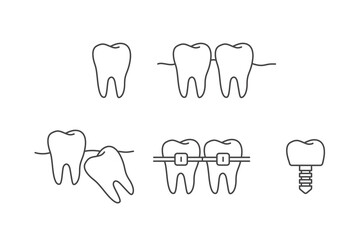 Teeth icons. A wisdom tooth, just a tooth, a dental pin. Outline icon illustration.