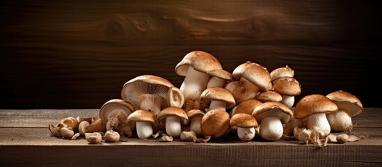Various mushrooms arranged on rustic wooden table