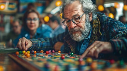 Senior Man Playing Colorful Board Game in Busy Cafe - ai generative