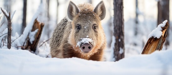 Boar standing snow woods